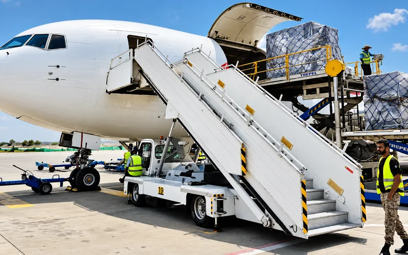 Airways ground handling: a widebody on stand with airstairs, loaders and ground crew